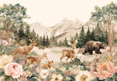 Wall mural watercolor forest animals flowers for kids room