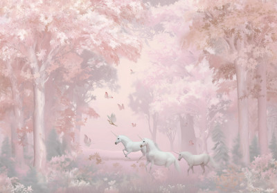 Wall mural unicorns pink forest butterflies fairy tale for girls