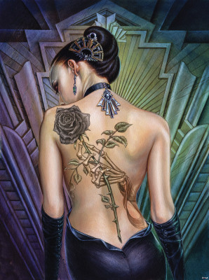 Fototapeta kobieta tatuaż róża art deco czarny sypialnia salon tapeta