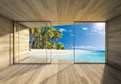 Fototapeta okno widok plaża tropikalna palmy niebieski salon sypialnia