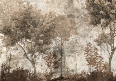 Fototapeta las drzewa mgła sepia beżowy brązowy salon sypialnia tapeta