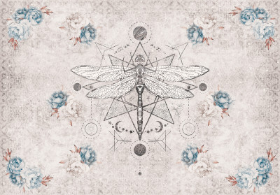 Fototapeta ważka geometria róże niebieski boho szary salon sypialnia t