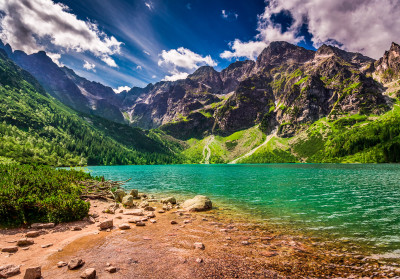 Fototapeta góry jezioro Tatry turkusowy zielony salon sypialnia biuro