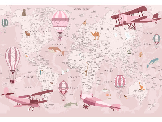 Vintage World Map Wall Mural with Airplanes and Balloons for a Pink Kids' Room