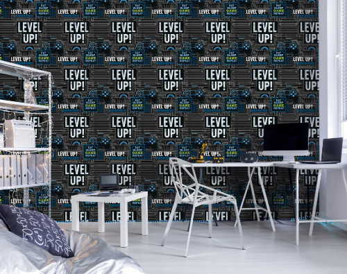 Fekete, fi&uacute;knak sz&oacute;l&oacute; gamer tap&eacute;ta a gyerekszoba fal&aacute;ra
