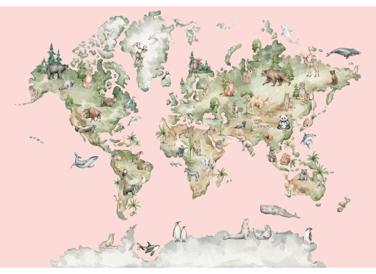 Wall Mural: World Map with Animals, Pink, Kids' Room